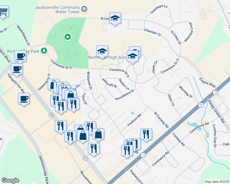 map of restaurants, bars, coffee shops, grocery stores, and more near 104 Dorsett Court in Jacksonville