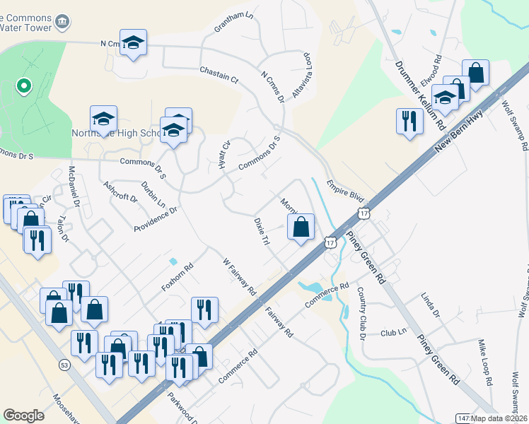 map of restaurants, bars, coffee shops, grocery stores, and more near 339 Sunset Road in Jacksonville