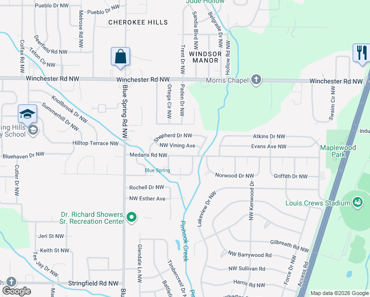 map of restaurants, bars, coffee shops, grocery stores, and more near 2411 Northwest Vining Avenue in Huntsville