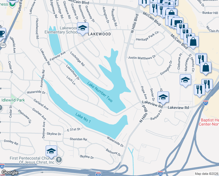 map of restaurants, bars, coffee shops, grocery stores, and more near 3602 Lochridge Road in North Little Rock