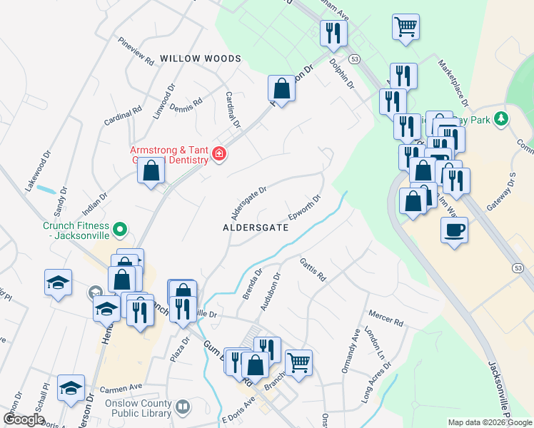 map of restaurants, bars, coffee shops, grocery stores, and more near 121 Epworth Drive in Jacksonville