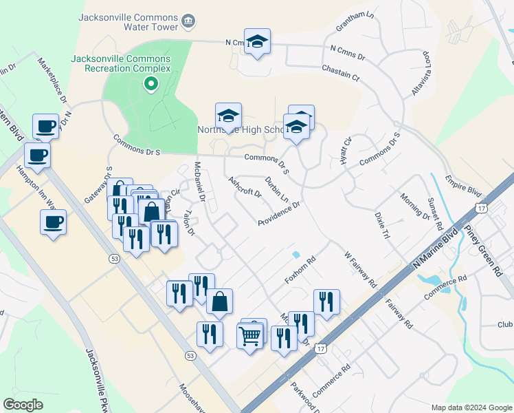 map of restaurants, bars, coffee shops, grocery stores, and more near 104 Dorsett Court in Jacksonville