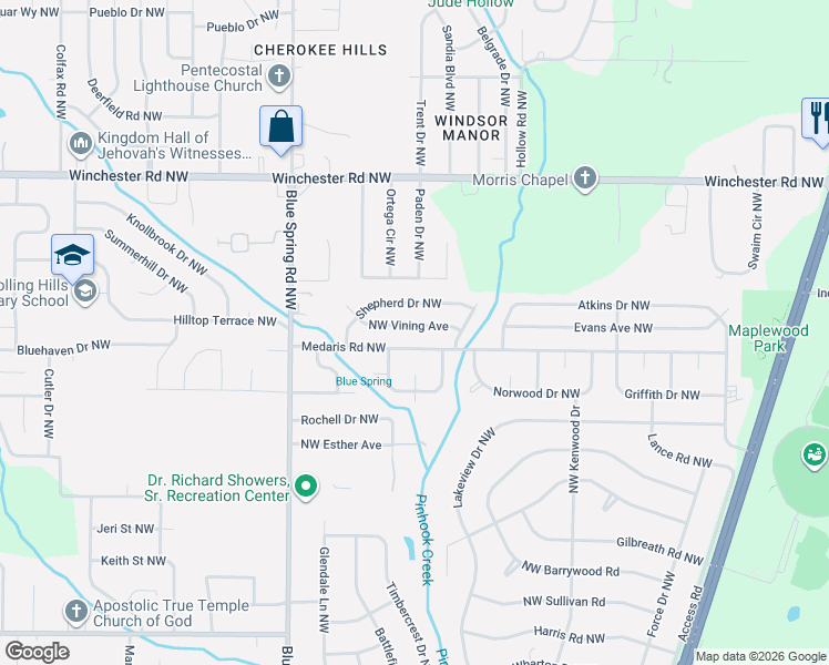 map of restaurants, bars, coffee shops, grocery stores, and more near 2411 Northwest Vining Avenue in Huntsville