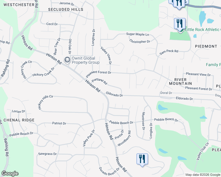map of restaurants, bars, coffee shops, grocery stores, and more near 21 Portland Road in Little Rock