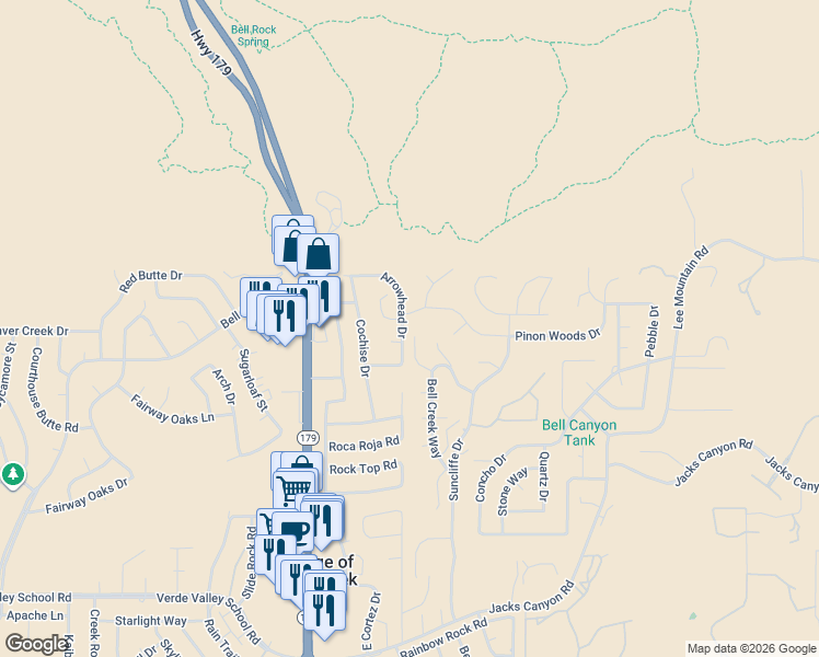 map of restaurants, bars, coffee shops, grocery stores, and more near 60 Arrowhead Drive in Sedona