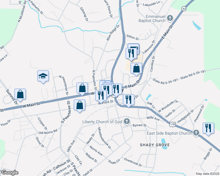 map of restaurants, bars, coffee shops, grocery stores, and more near 5 West Main Street in Liberty