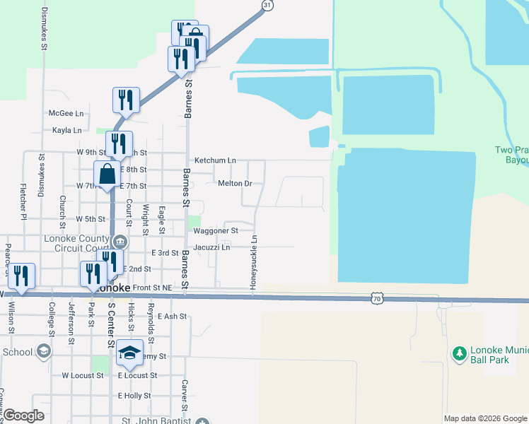 map of restaurants, bars, coffee shops, grocery stores, and more near 207 Lynn Lane in Lonoke