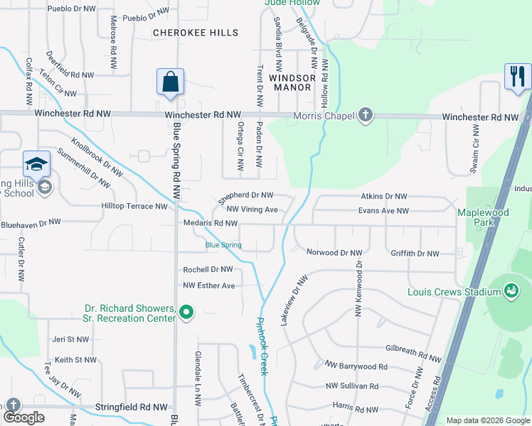map of restaurants, bars, coffee shops, grocery stores, and more near 2409 Northwest Vining Avenue in Huntsville