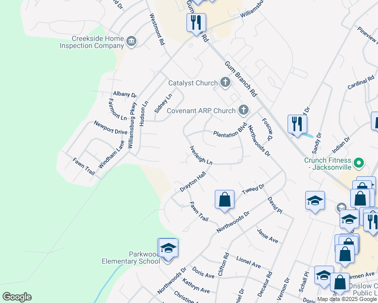 map of restaurants, bars, coffee shops, grocery stores, and more near 219 Iverleigh Ln in Jacksonville
