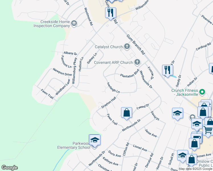 map of restaurants, bars, coffee shops, grocery stores, and more near 219 Iverleigh Ln in Jacksonville