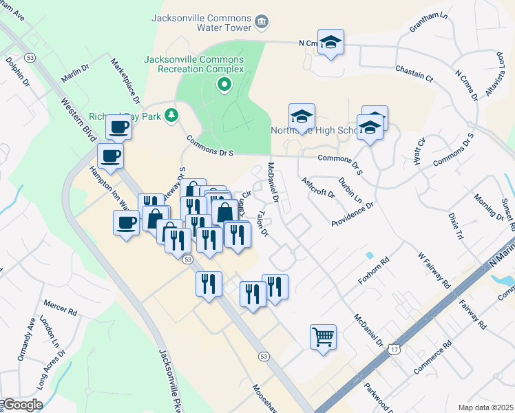 map of restaurants, bars, coffee shops, grocery stores, and more near 500 Talon Drive in Jacksonville