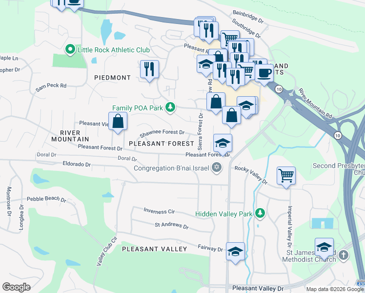 map of restaurants, bars, coffee shops, grocery stores, and more near 11919 Teton Forest Drive in Little Rock