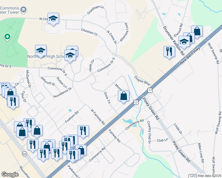 map of restaurants, bars, coffee shops, grocery stores, and more near 339 Sunset Road in Jacksonville