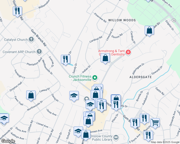 map of restaurants, bars, coffee shops, grocery stores, and more near Western Court in Jacksonville