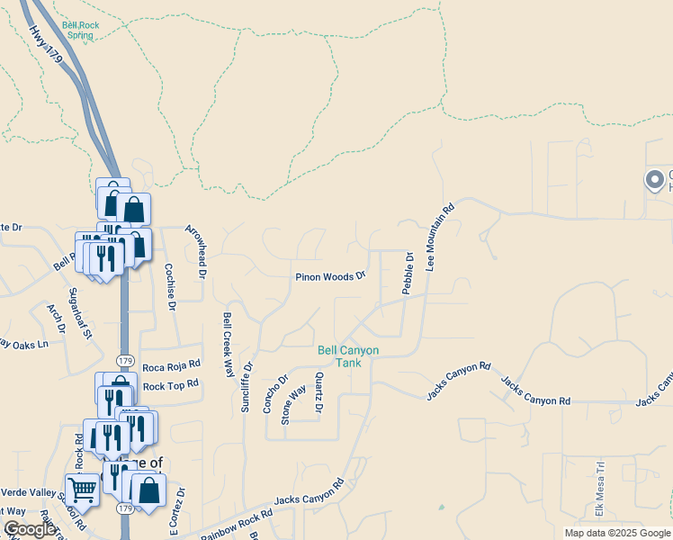 map of restaurants, bars, coffee shops, grocery stores, and more near 230 Pinon Woods Drive in Sedona