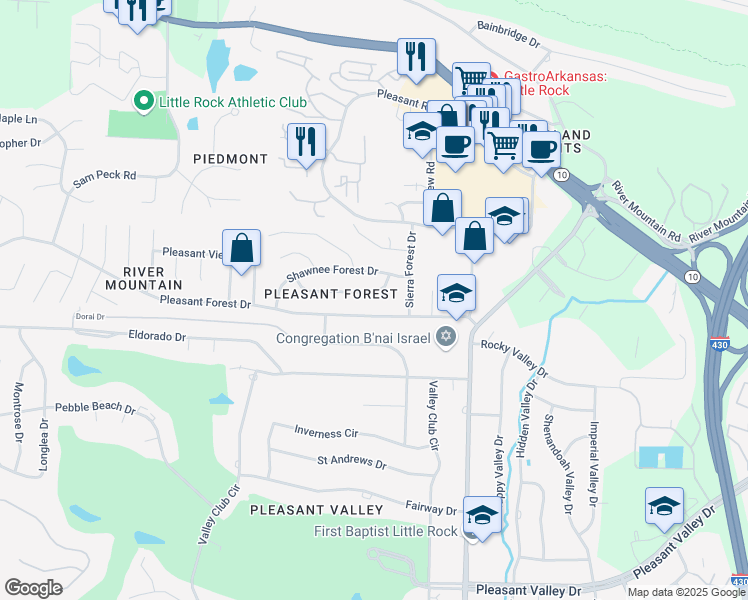 map of restaurants, bars, coffee shops, grocery stores, and more near 11919 Teton Forest Drive in Little Rock