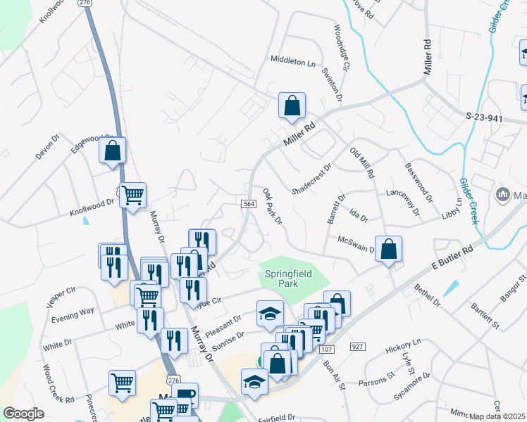 map of restaurants, bars, coffee shops, grocery stores, and more near 106 Oak Park Drive in Mauldin