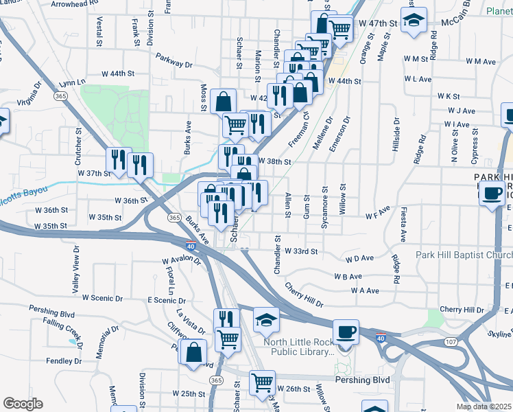 map of restaurants, bars, coffee shops, grocery stores, and more near 3500 Marion Street in North Little Rock
