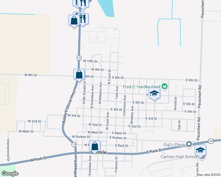 map of restaurants, bars, coffee shops, grocery stores, and more near 612 North Court Street in Carlisle