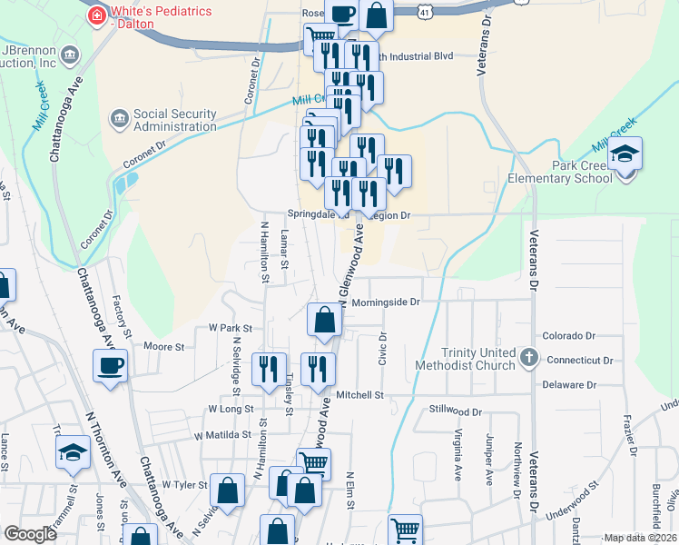 map of restaurants, bars, coffee shops, grocery stores, and more near 1103 North Glenwood Avenue in Dalton