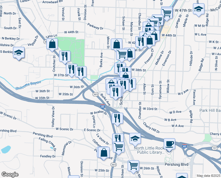 map of restaurants, bars, coffee shops, grocery stores, and more near 1109 West 35th Street in North Little Rock