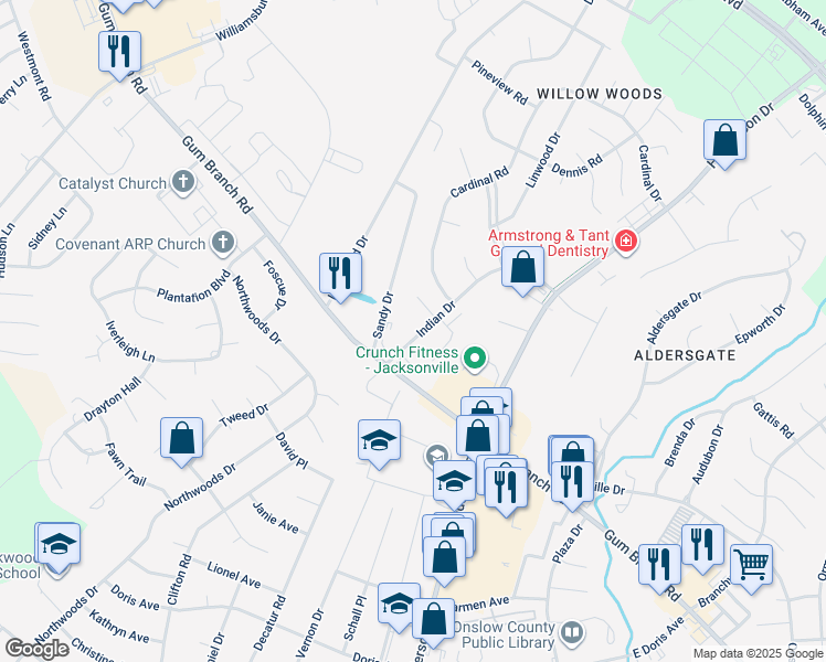 map of restaurants, bars, coffee shops, grocery stores, and more near 2318 Indian Drive in Jacksonville