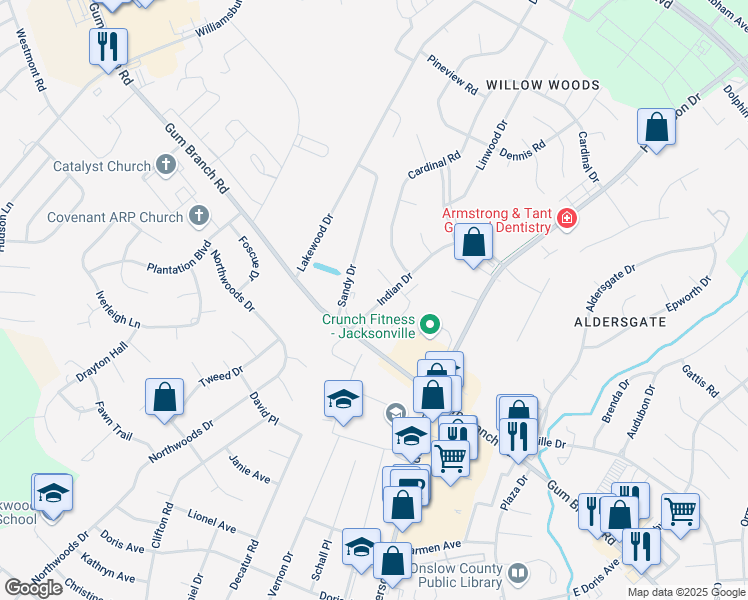 map of restaurants, bars, coffee shops, grocery stores, and more near 2318 Indian Drive in Jacksonville
