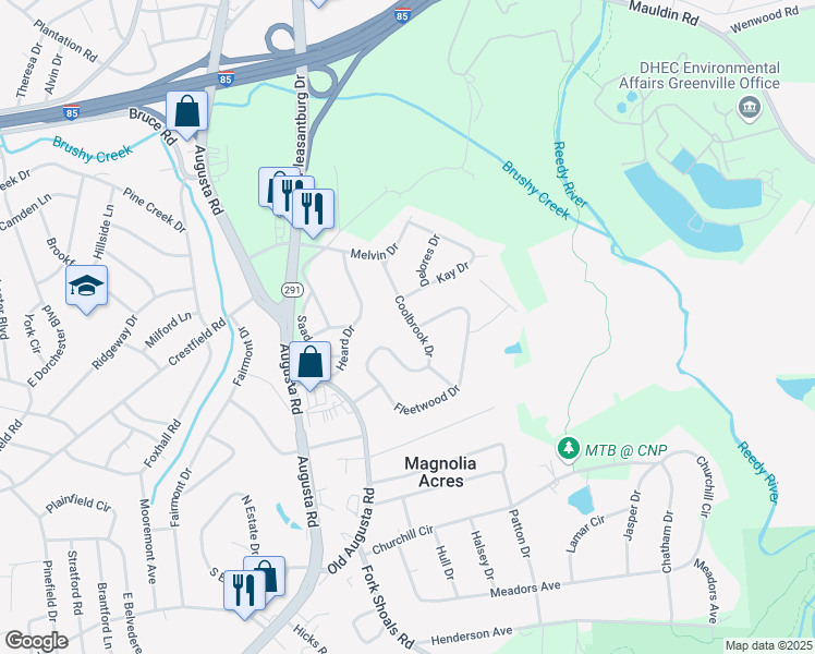 map of restaurants, bars, coffee shops, grocery stores, and more near 106 Coolbrook Drive in Greenville