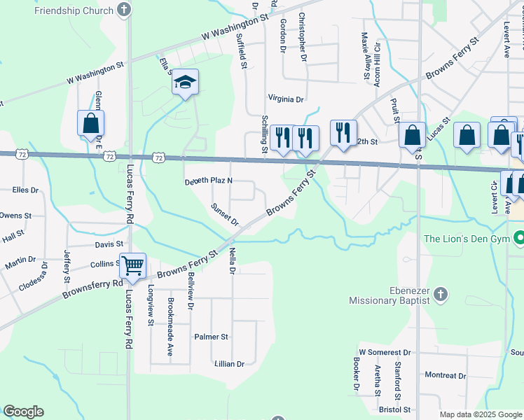 map of restaurants, bars, coffee shops, grocery stores, and more near 100 Sunrise Drive in Athens