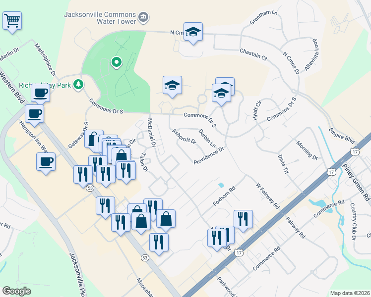 map of restaurants, bars, coffee shops, grocery stores, and more near 320 Providence Drive in Jacksonville
