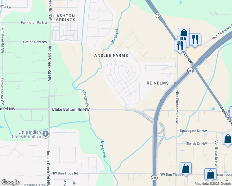 map of restaurants, bars, coffee shops, grocery stores, and more near 8313 Anslee Way Northwest in Huntsville