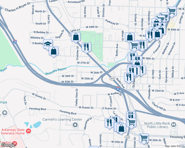 map of restaurants, bars, coffee shops, grocery stores, and more near 3523 Frank Street in North Little Rock