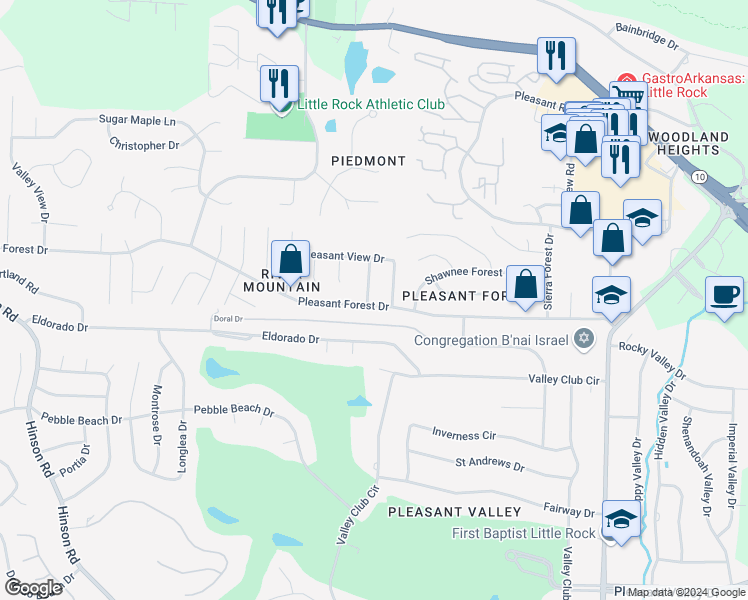 map of restaurants, bars, coffee shops, grocery stores, and more near 12420 Pleasant Forest Drive in Little Rock