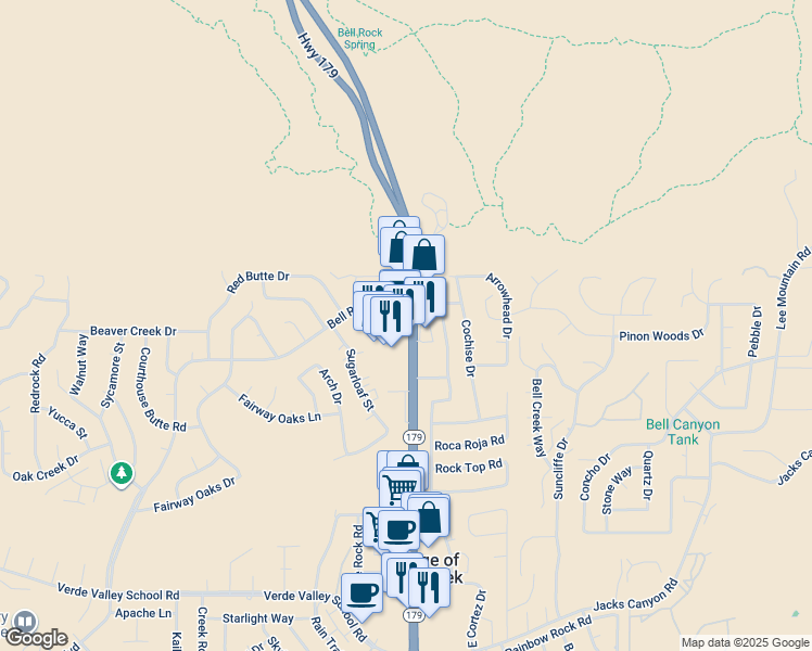 map of restaurants, bars, coffee shops, grocery stores, and more near 34 Bell Rock Plaza in Sedona