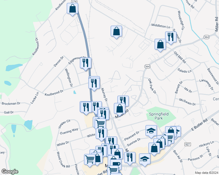 map of restaurants, bars, coffee shops, grocery stores, and more near 101 Murray Drive in Mauldin