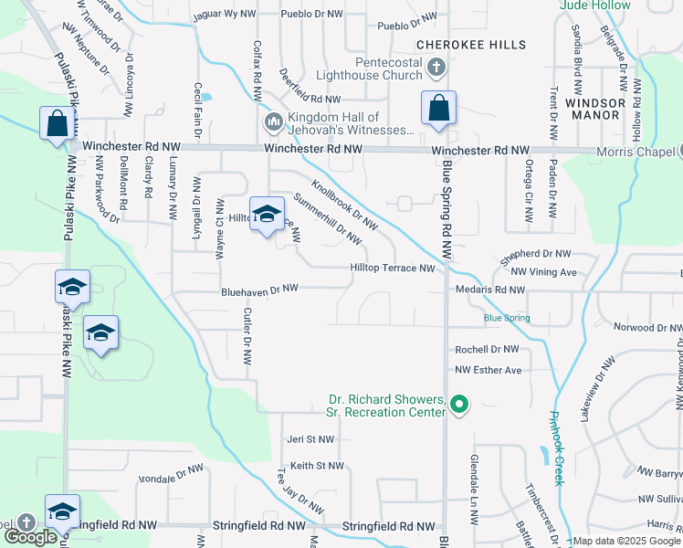 map of restaurants, bars, coffee shops, grocery stores, and more near 4604 Bluehaven Drive Northwest in Huntsville