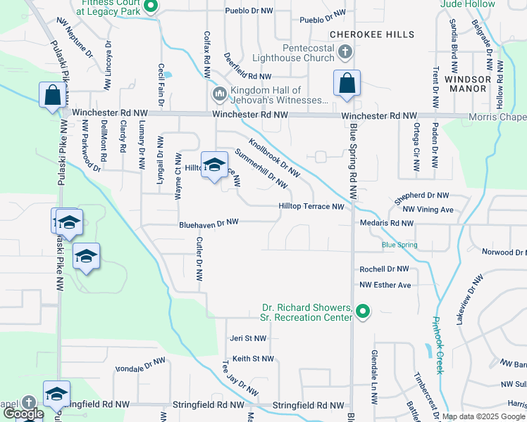 map of restaurants, bars, coffee shops, grocery stores, and more near 4604 Bluehaven Drive Northwest in Huntsville