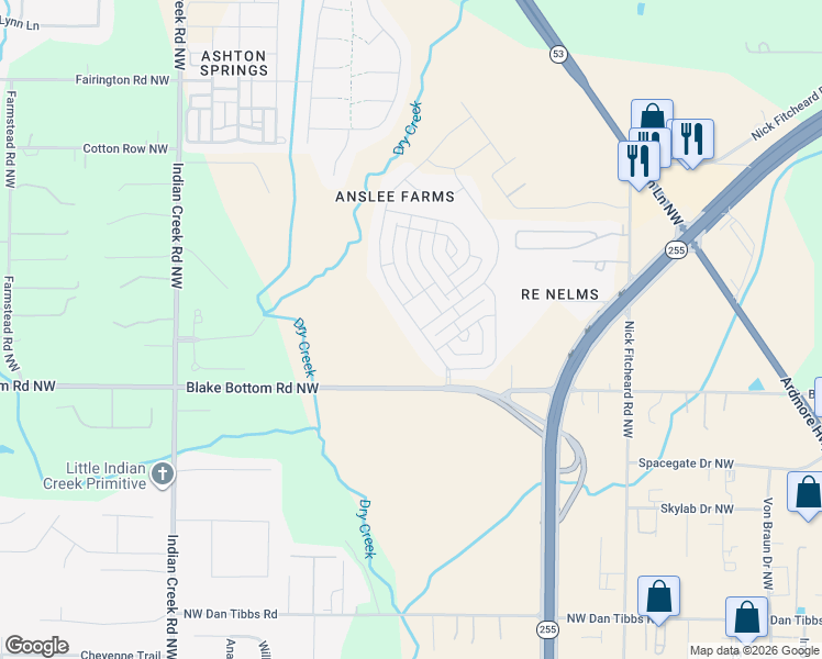 map of restaurants, bars, coffee shops, grocery stores, and more near 8313 Anslee Way Northwest in Huntsville