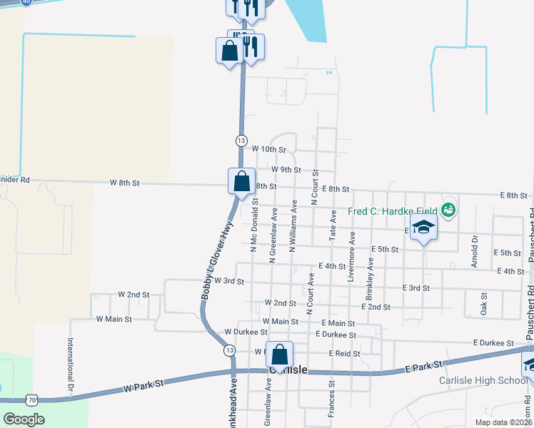 map of restaurants, bars, coffee shops, grocery stores, and more near 617 North Greenlaw Avenue in Carlisle
