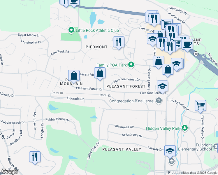 map of restaurants, bars, coffee shops, grocery stores, and more near 12318 Pleasant Forest Drive in Little Rock