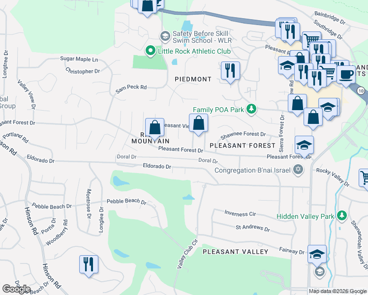 map of restaurants, bars, coffee shops, grocery stores, and more near 12613 Pleasant Forest Drive in Little Rock
