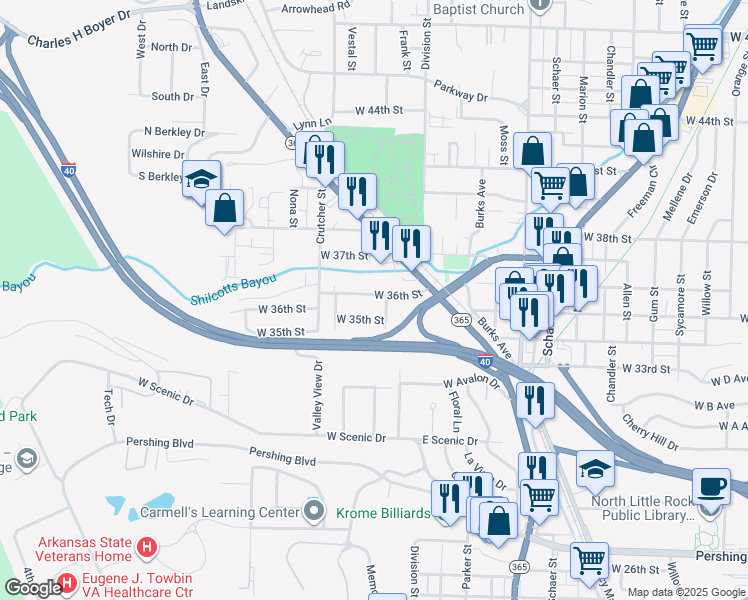map of restaurants, bars, coffee shops, grocery stores, and more near 1504 West 36th Street in North Little Rock