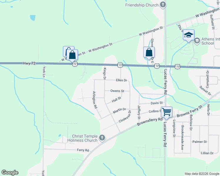 map of restaurants, bars, coffee shops, grocery stores, and more near 17557 Owens Street in Athens