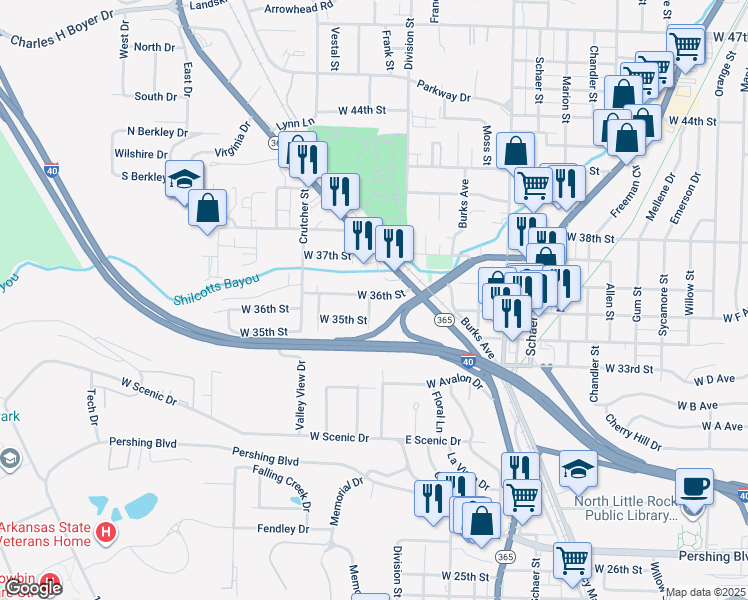 map of restaurants, bars, coffee shops, grocery stores, and more near 1424 West 36th Street in North Little Rock