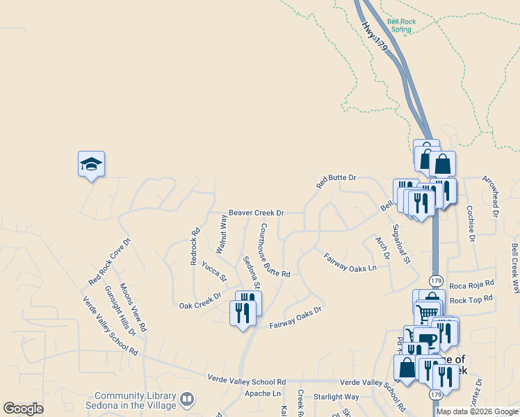 map of restaurants, bars, coffee shops, grocery stores, and more near 130 Beaver Creek Drive in Sedona
