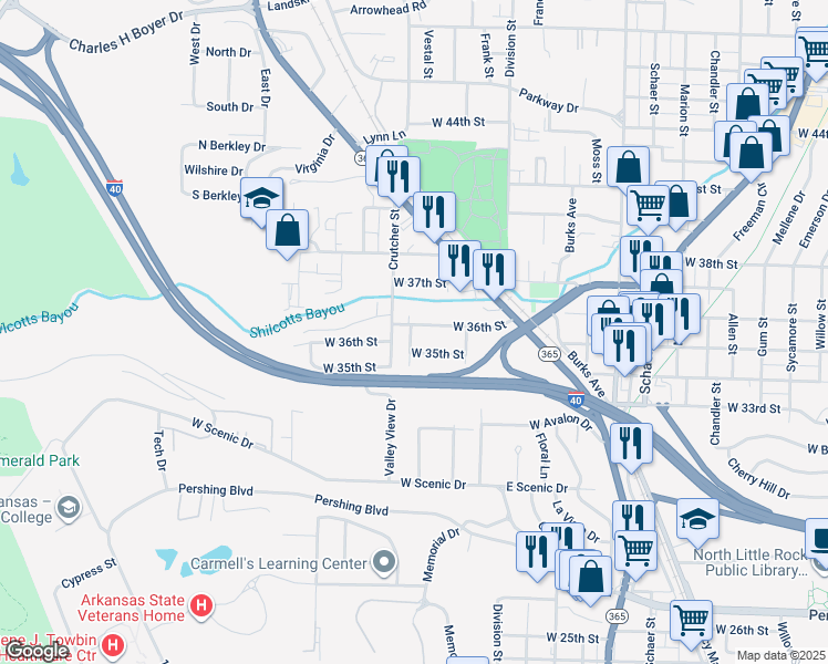map of restaurants, bars, coffee shops, grocery stores, and more near 1522 West 36th Street in North Little Rock