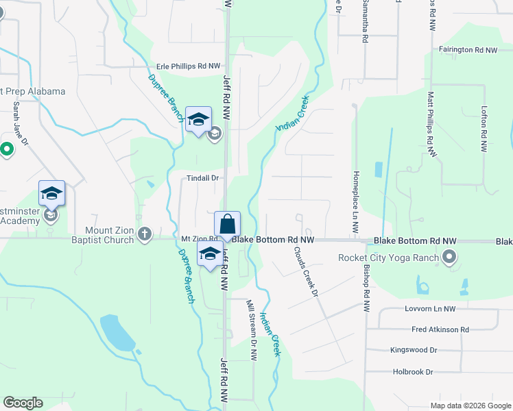 map of restaurants, bars, coffee shops, grocery stores, and more near 144 Misty Hollow Way in Huntsville