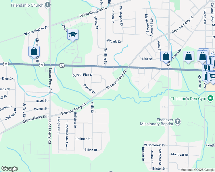map of restaurants, bars, coffee shops, grocery stores, and more near 100 Sunrise Drive in Athens