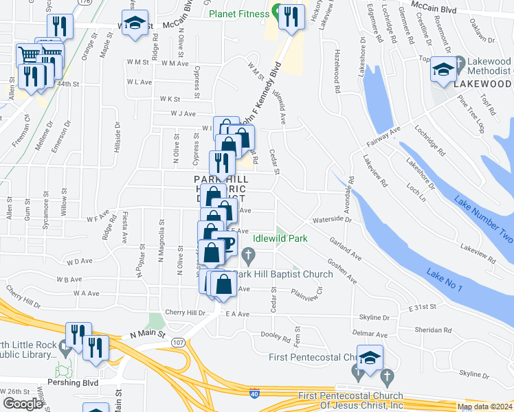 map of restaurants, bars, coffee shops, grocery stores, and more near 211 East F Avenue in North Little Rock