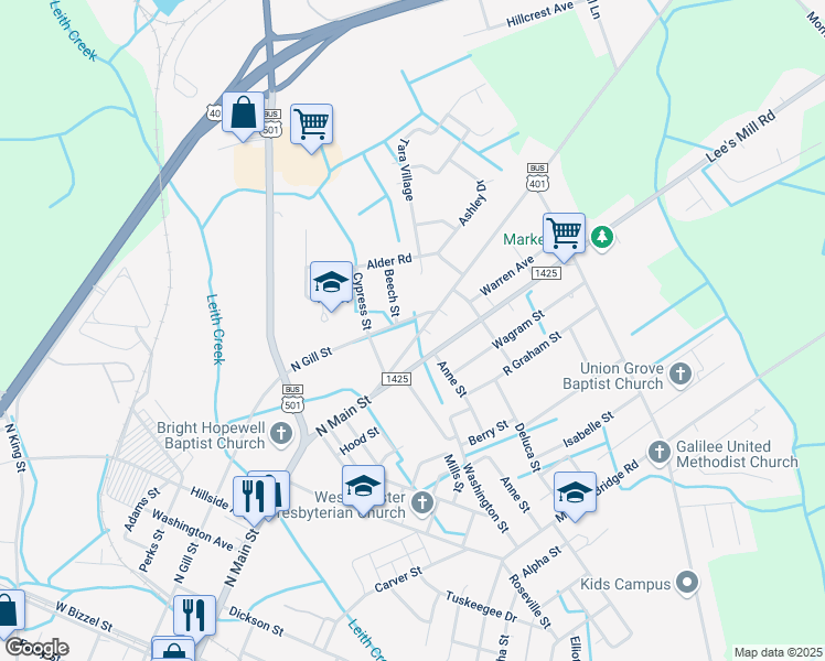 map of restaurants, bars, coffee shops, grocery stores, and more near 1019 North Main Street in Laurinburg